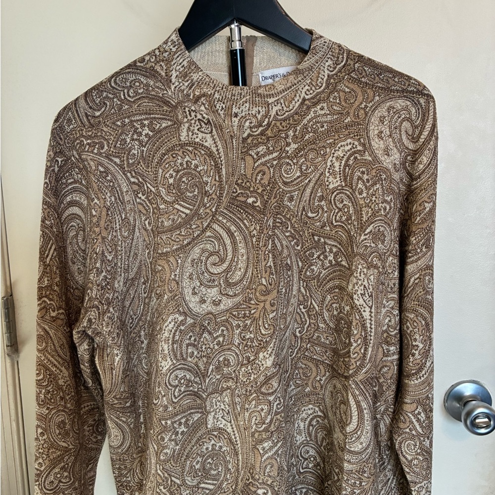 Vintage Metallic Gold Paisley Mock/Crewneck Sweater Tan Brown Mature EUC-M - Picture 2 of 7